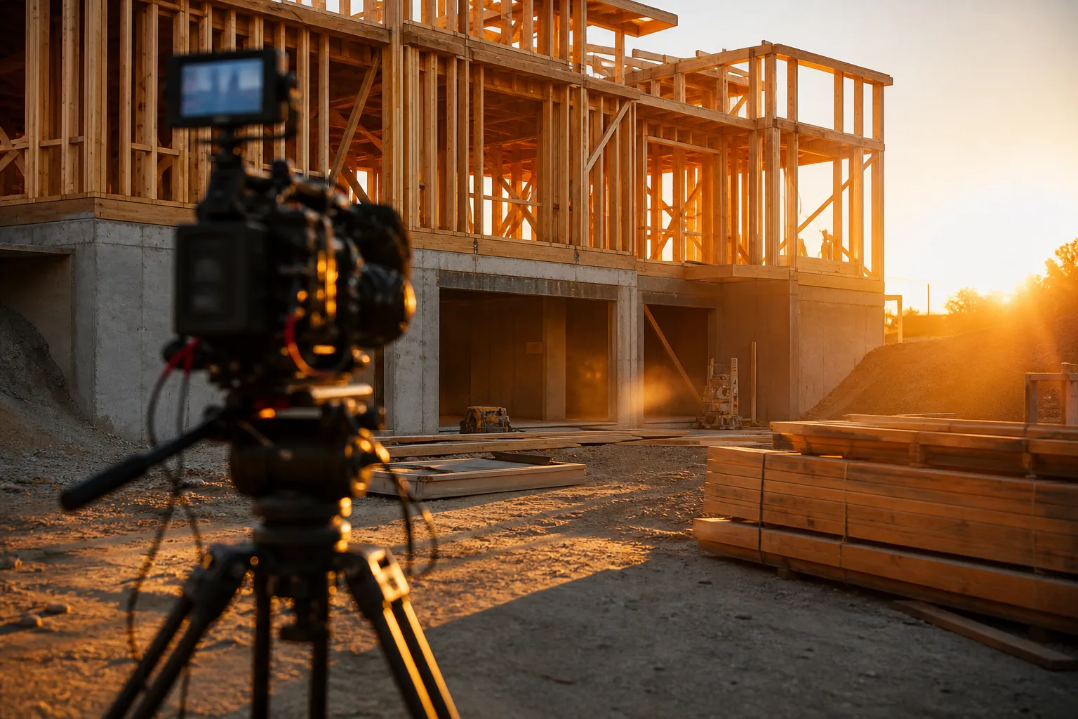 Cinema camera on a tripod at an Orange County job site in golden hour light
