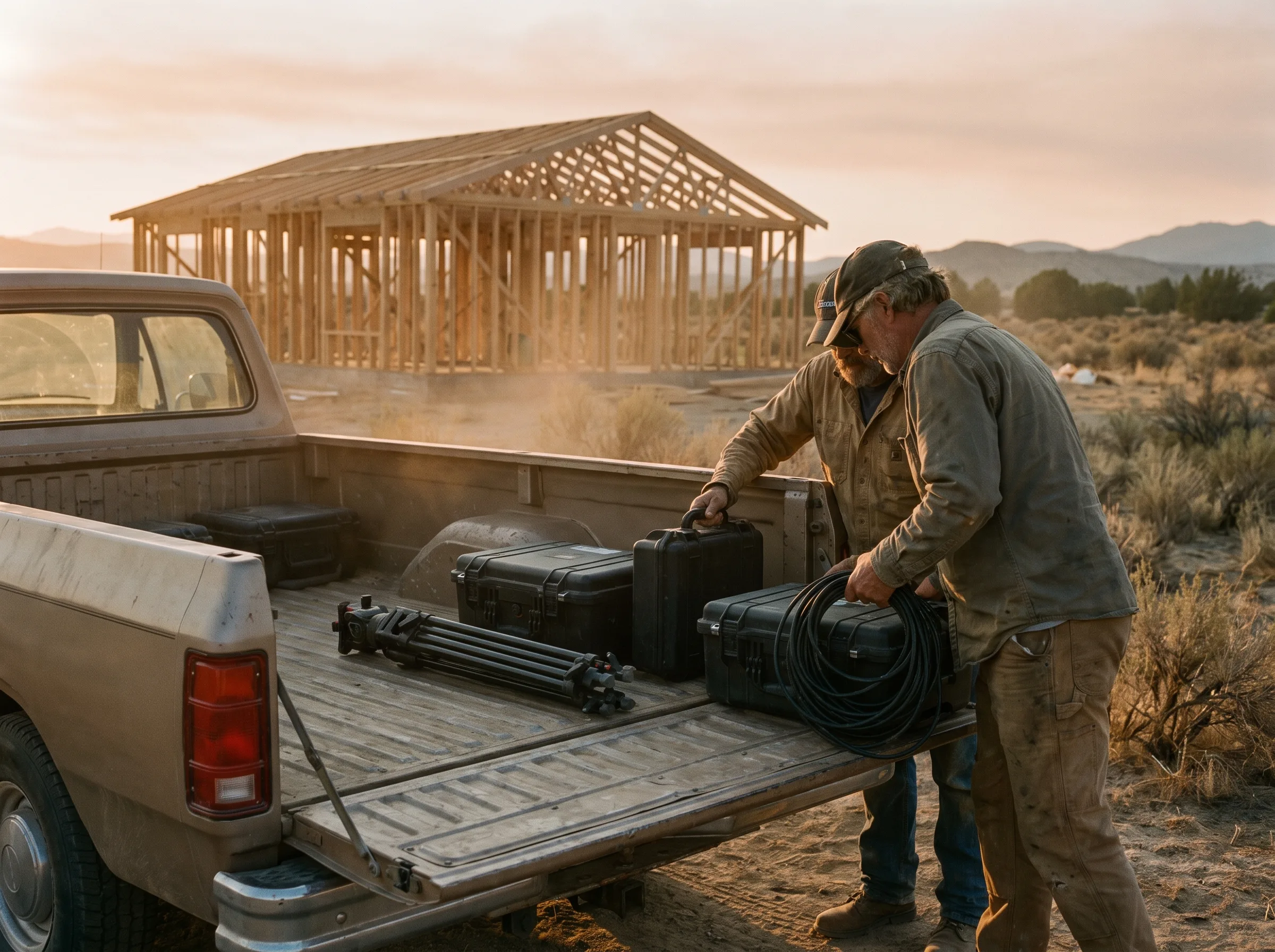 Crew loading camera cases and a tripod into a pickup bed outside a framed house at golden hour